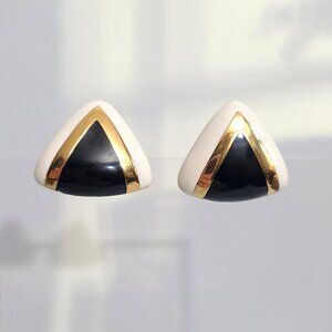 Ciner black white gold triangle enamel clip earrings geometric design statement